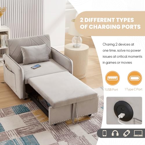 Black Velvet Convertible Sofa Bed Chair with USB Ports X854
