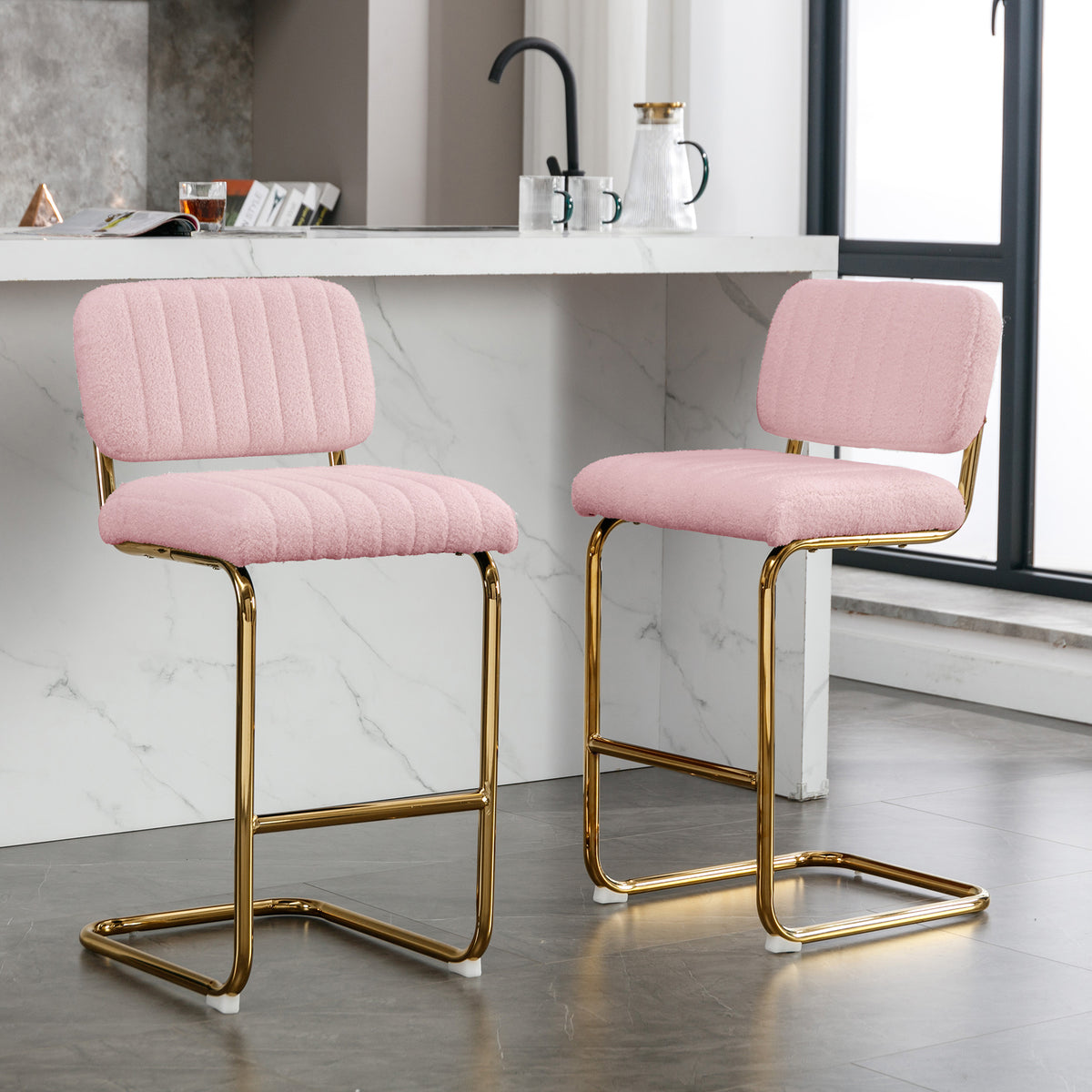 Pink Boucle Fabric Counter Height Bar Stools Set of 2 U314823