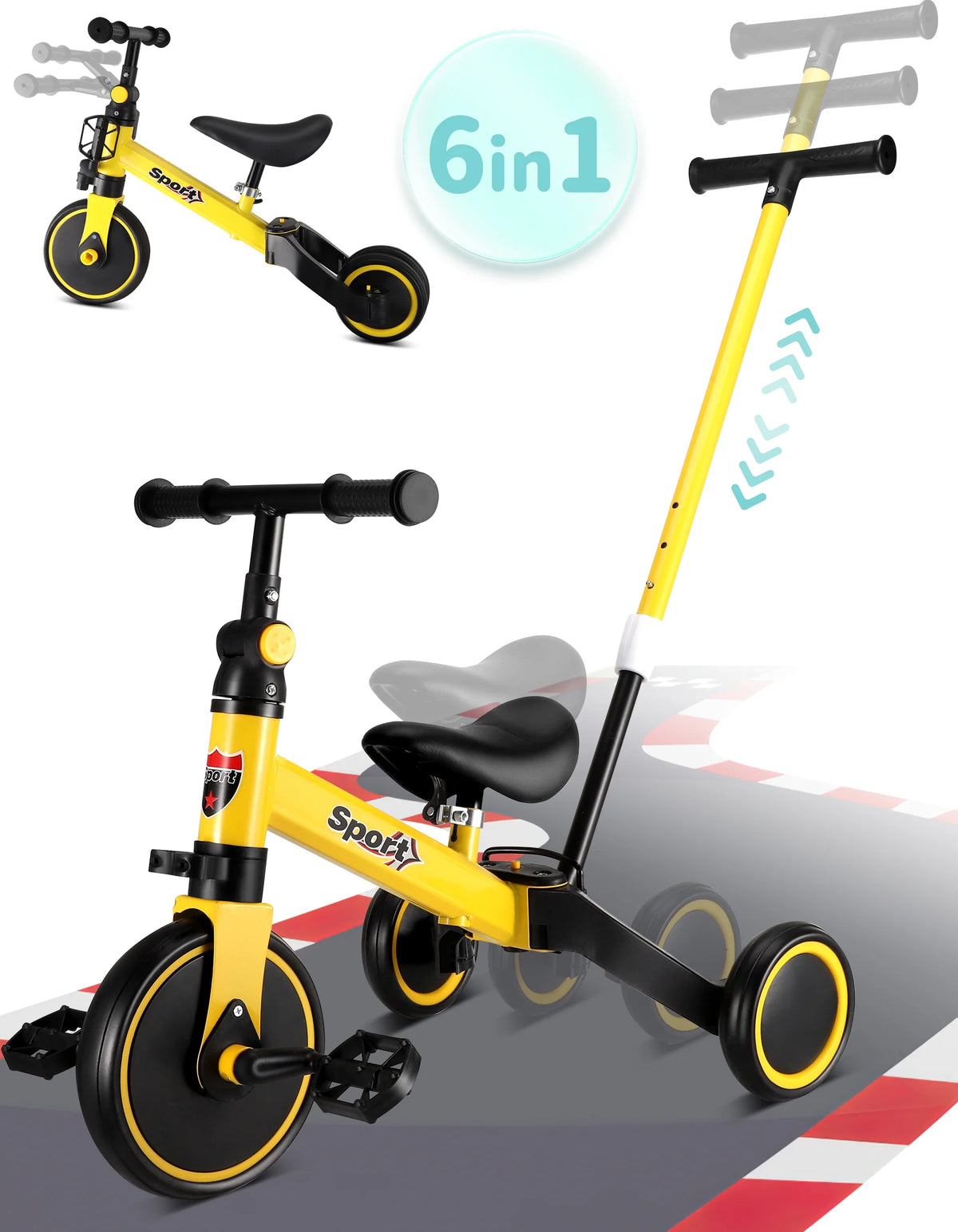 6 in 1 Kids Tricycle with Adjustable Seat and Removable Pedal F9061