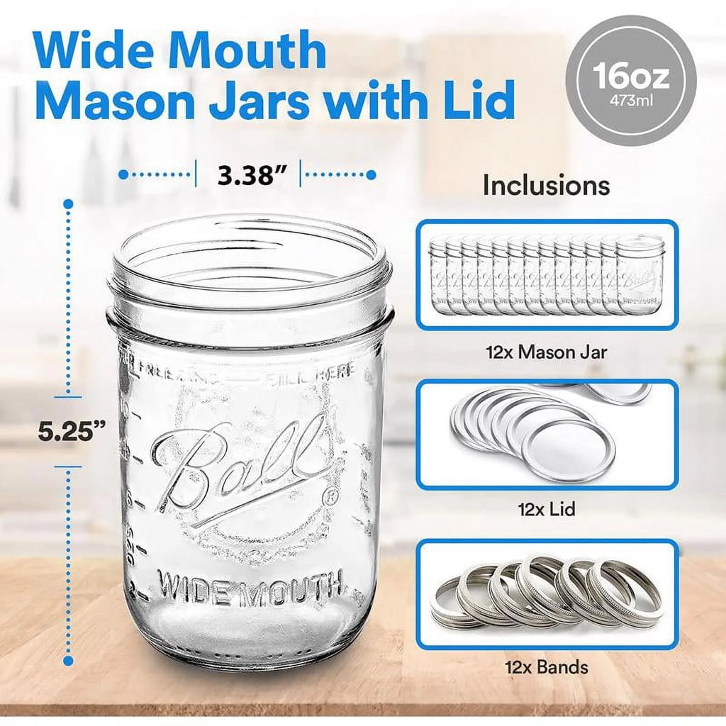 Glass Mason Jars with Lids & Bands, 16 oz, 12 Count K198737