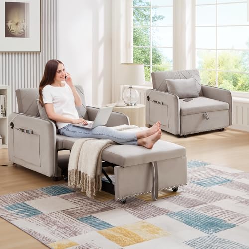 Black Velvet Convertible Sofa Bed Chair with USB Ports X854
