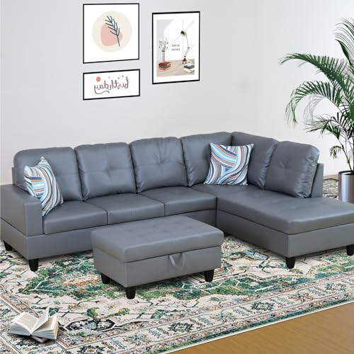 Faux Leather L Shaped Sectional Sofa with Storage Ottoman and Two Pillow M4238