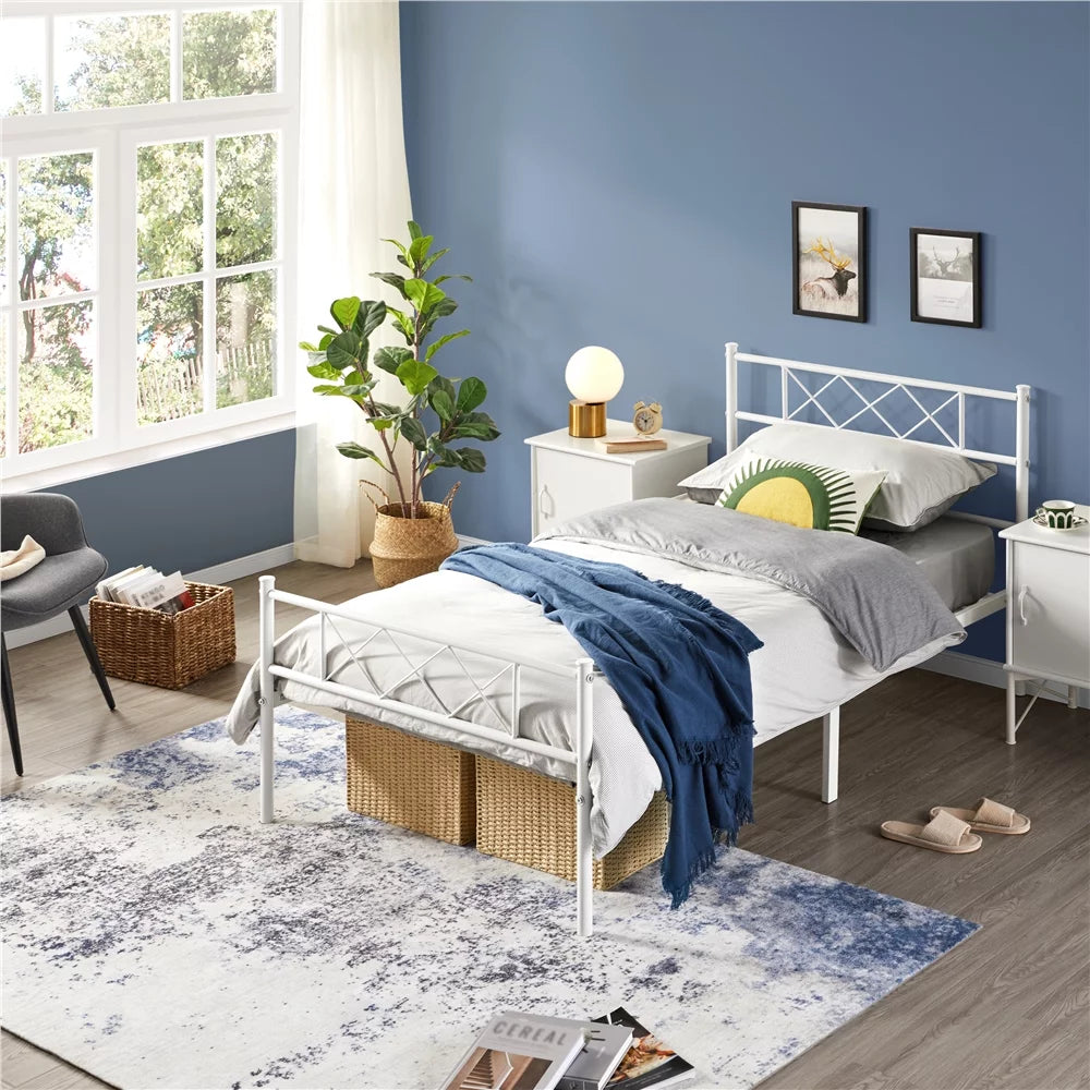 White Twin Metal Bed Frame with Headboard & Footboard C2225