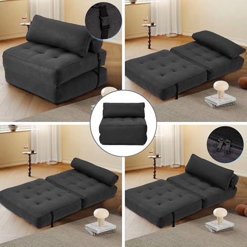 Folding Convertible Sofa Bed with Pillow, Black Linen Fabric N5751