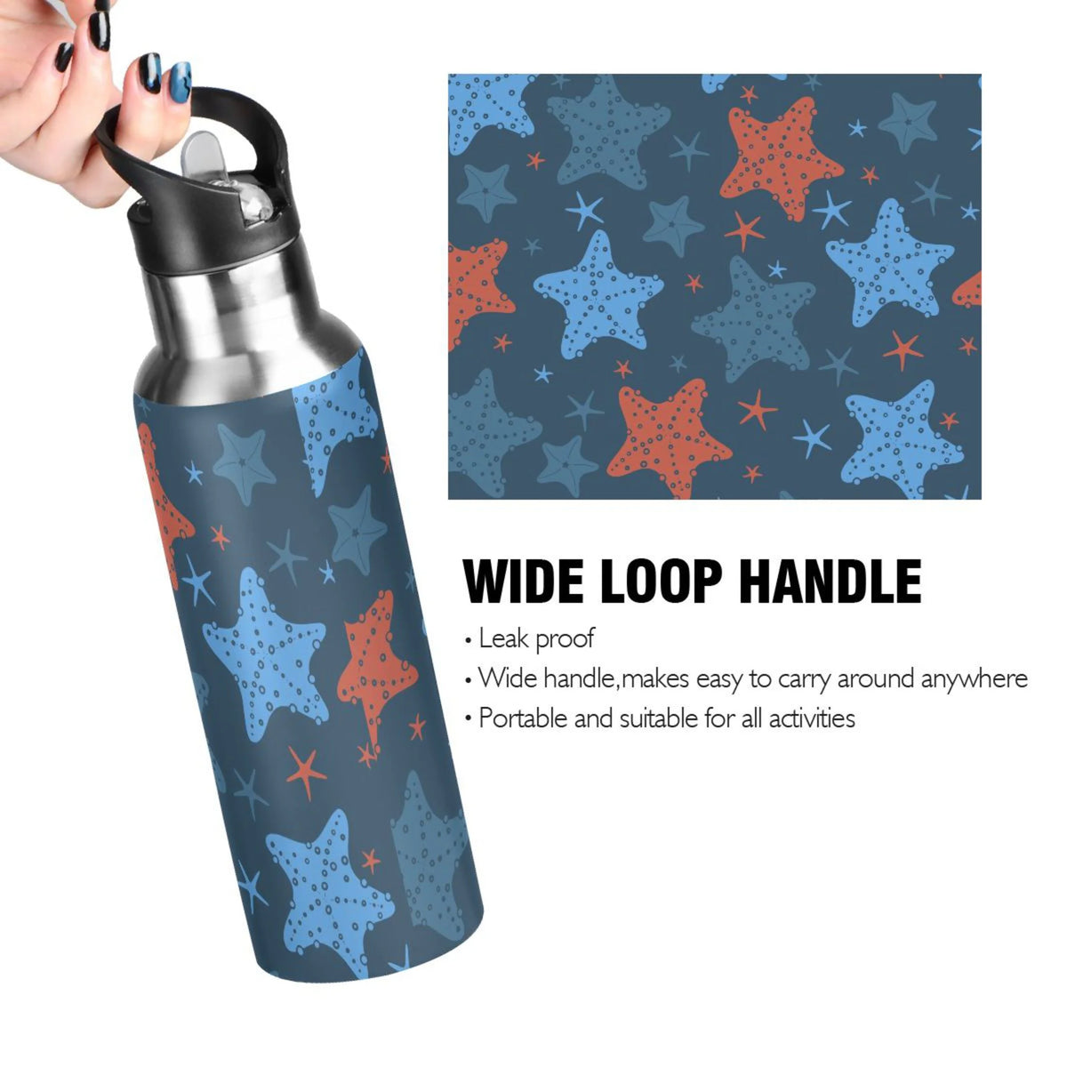 Blue-orange Starfish Stainless Steel Insulated Water Bottle with Straw Lid W5672