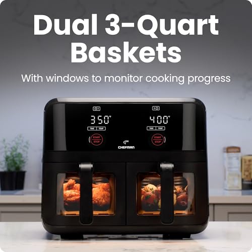 6 Quart Dual Basket Air Fryer Oven with Easy View Windows, Nonstick Frying Baskets - Black D2564