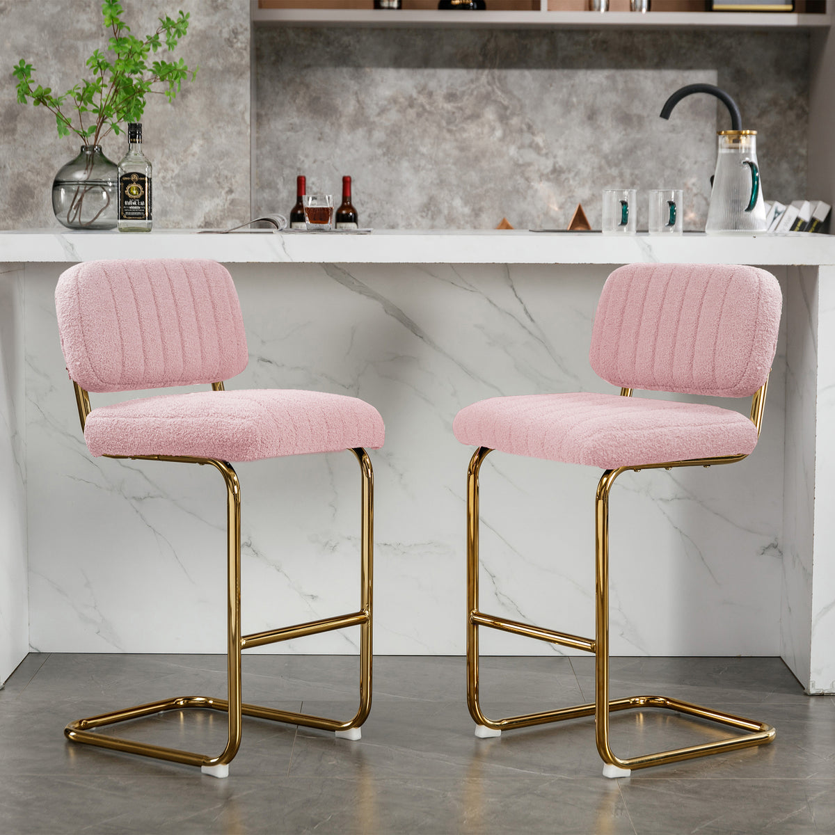 Pink Boucle Fabric Counter Height Bar Stools Set of 2 U314823