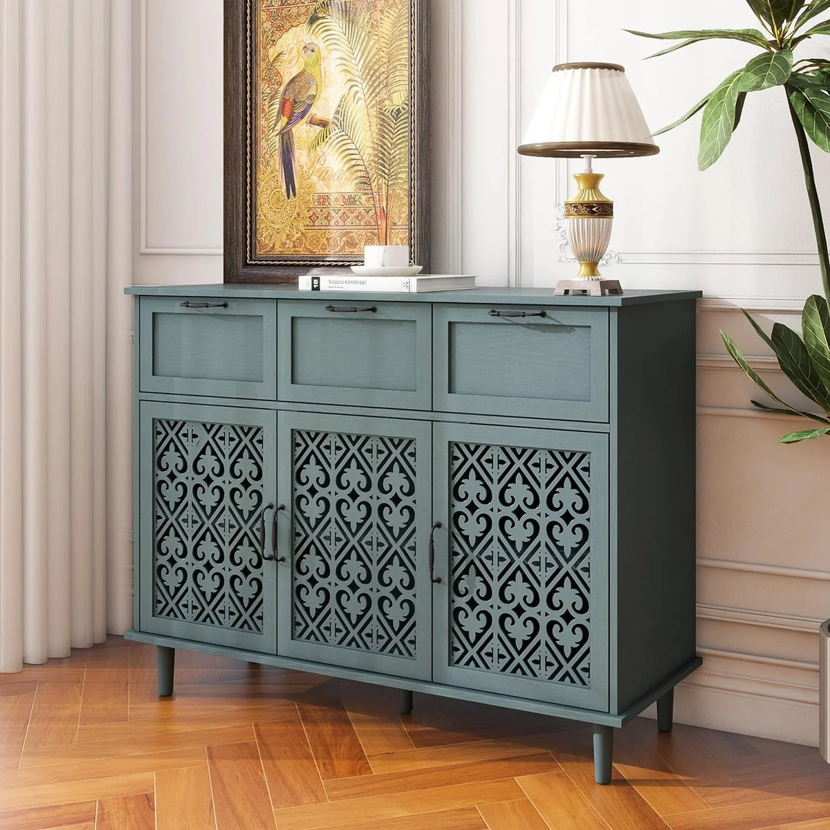 Solid Wood Sideboard Buffet Cabinet with 3 Doors 3 Drawers X28329
