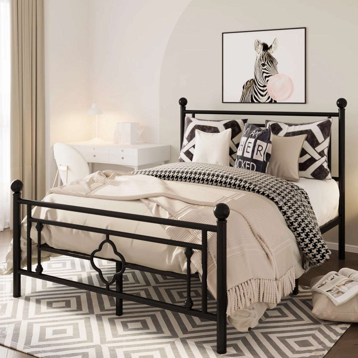 Queen Size Black Metal Platform Bed Frame with Headboard and Footboard F980869