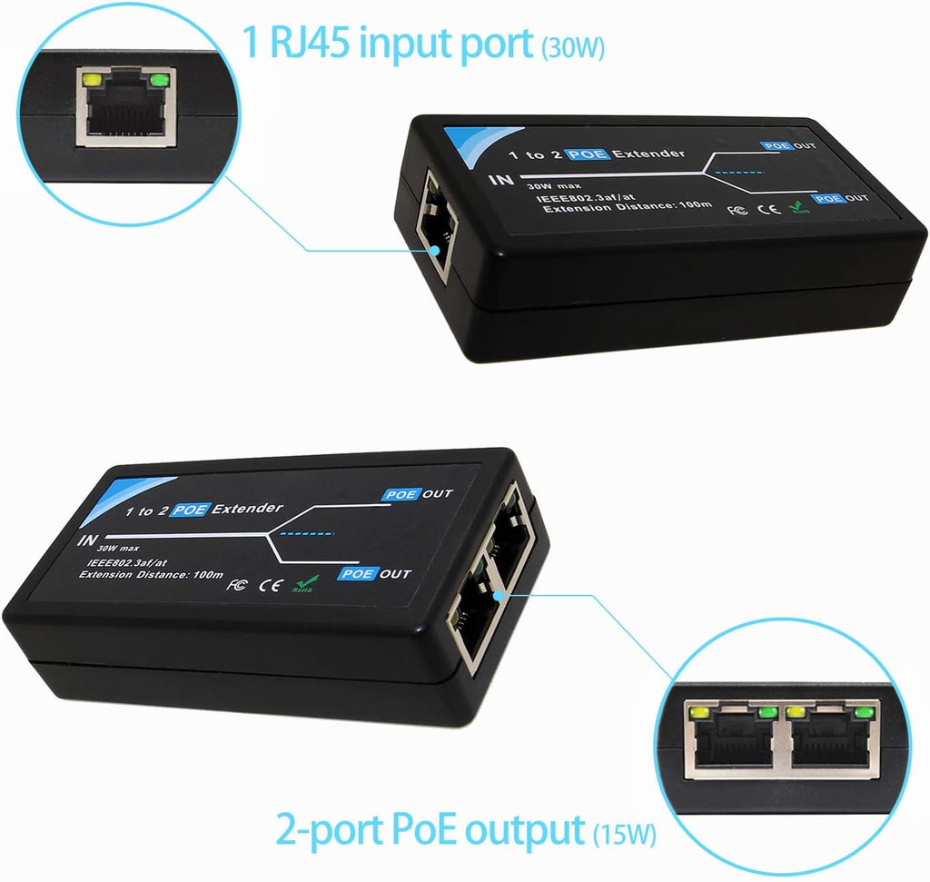 2 Port POE Extender Repeater 100 Meters 1 in 2 Out 10,100Mbps for Security POE Camera Over Cat5/Cat6 Cables B69069