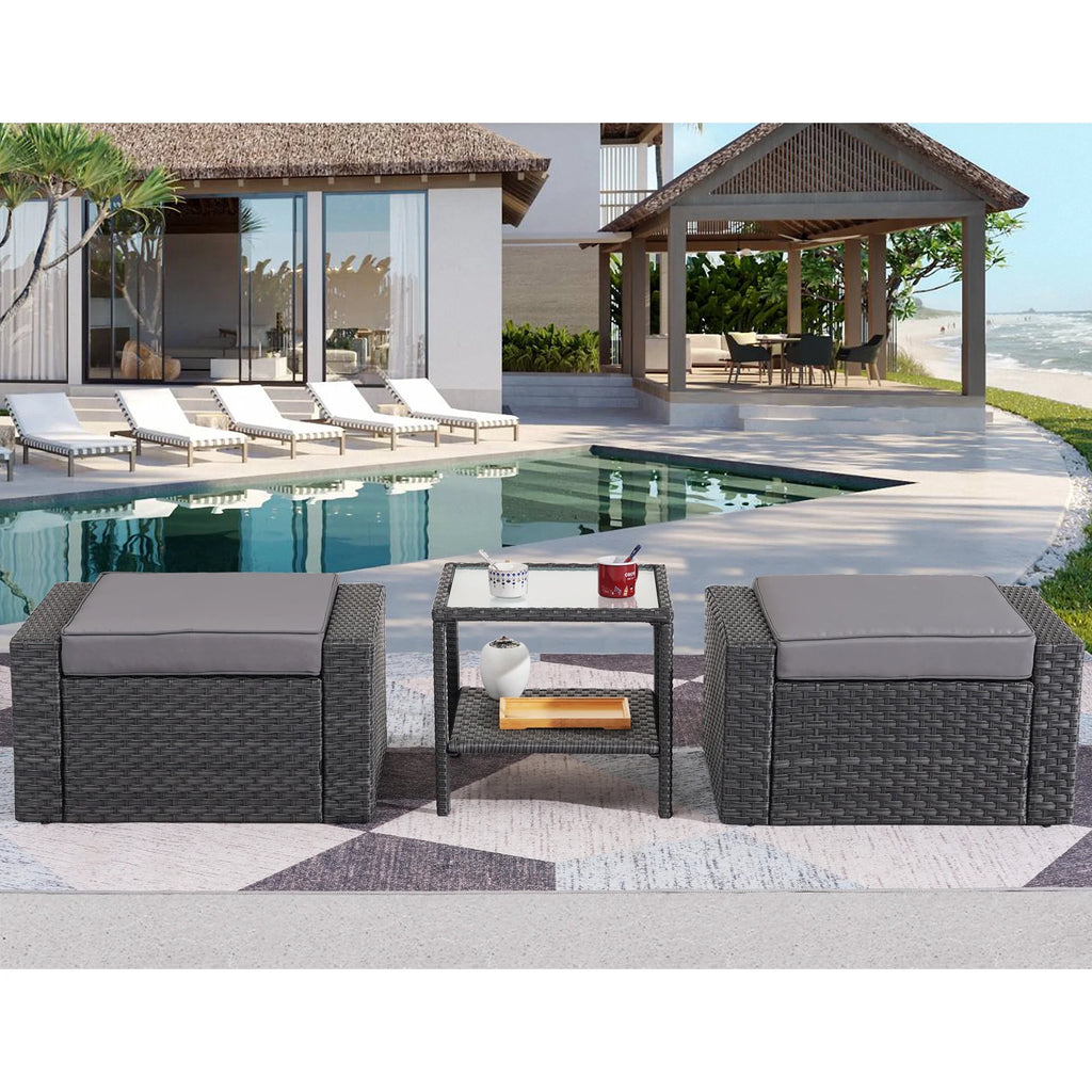 Patio Chair Set with Small Coffee Table, Outdoor Wicker Ottoman, Square Glass Table, Gray Cushions T312