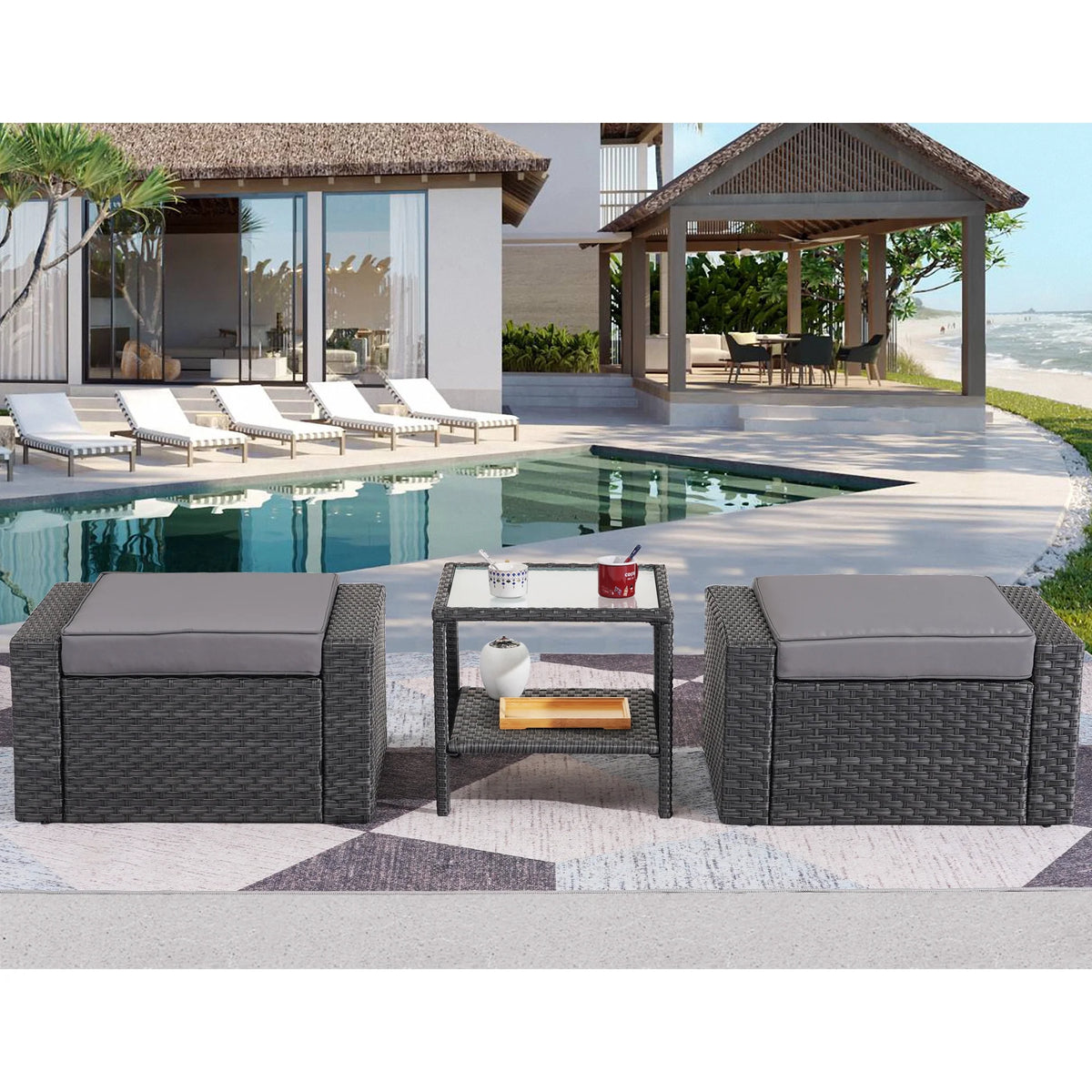 Patio Chair Set with Small Coffee Table, Outdoor Wicker Ottoman, Square Glass Table, Gray Cushions T312