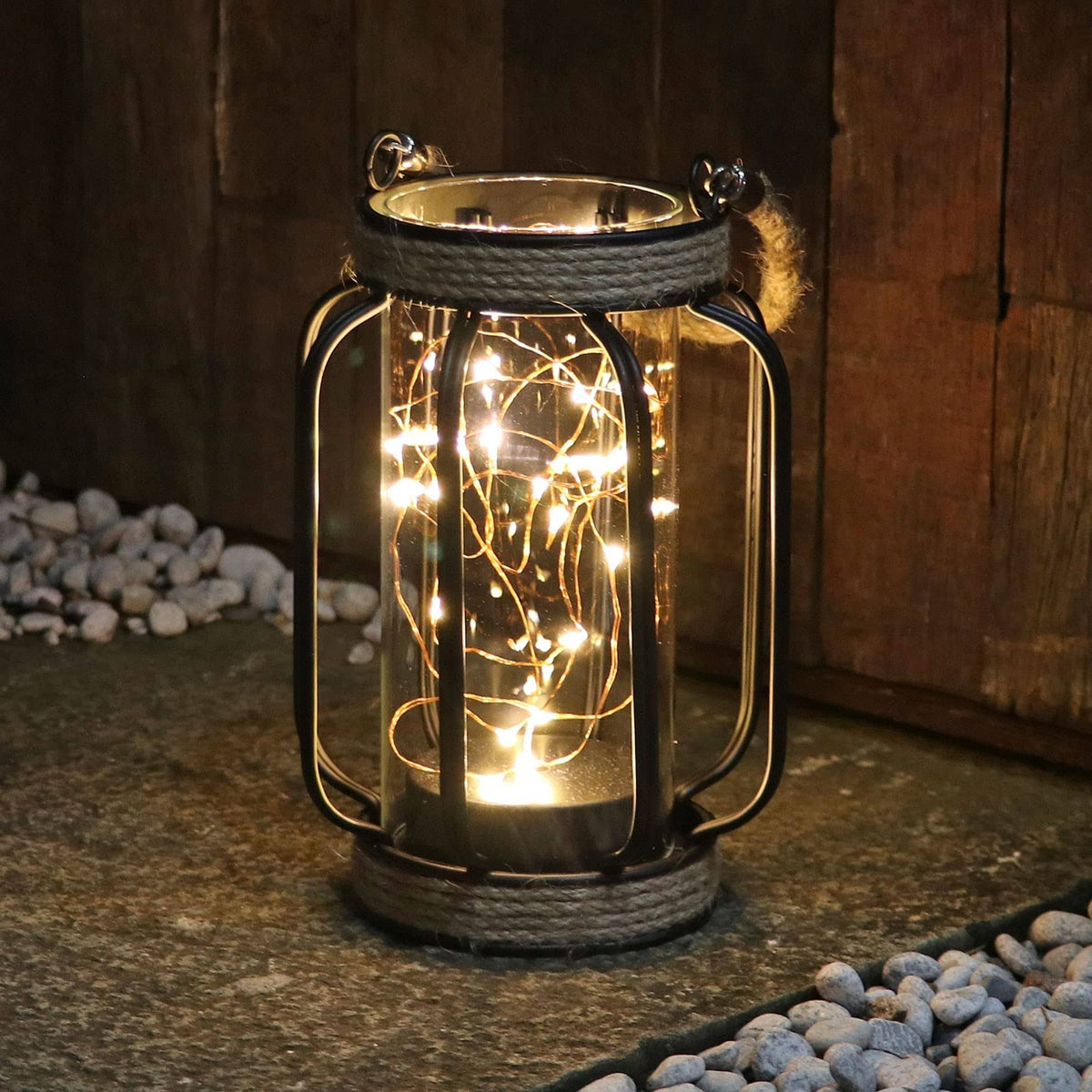 Black Battery Operated Metal Cage Lantern with LED Fairy Lights E978785