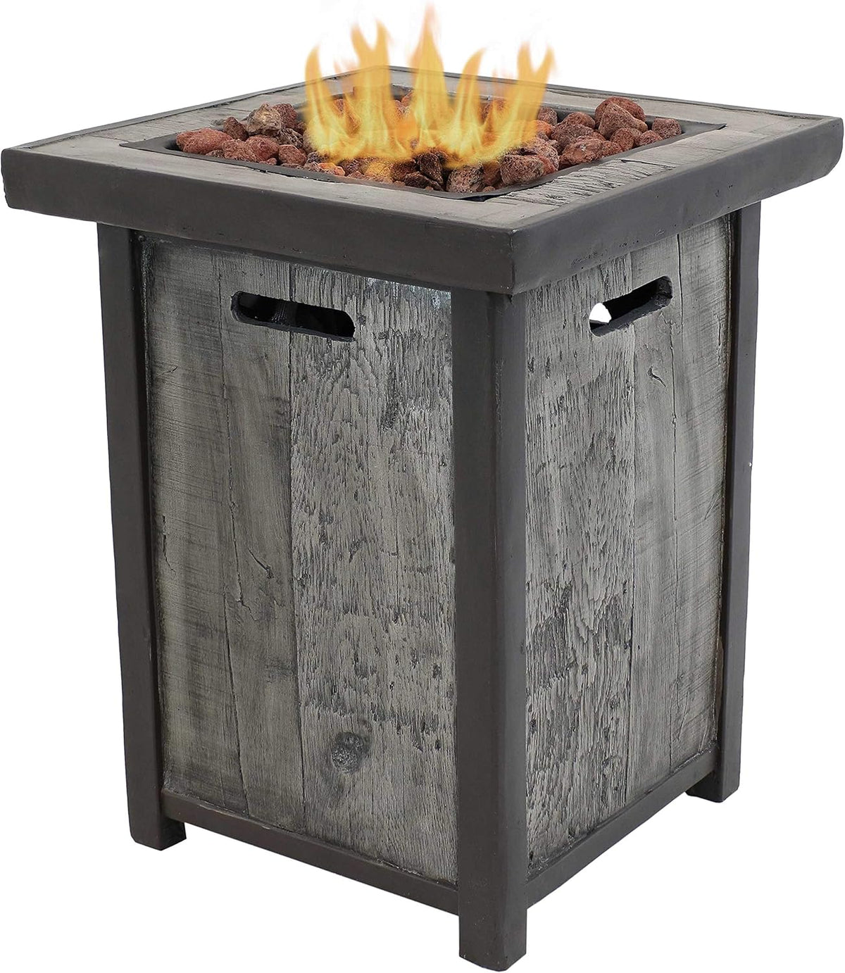 Square Outdoor Propane Gas Fire Pit Table with Weathered Wood Look, Cast Stone, 25 Inches Tall V64029