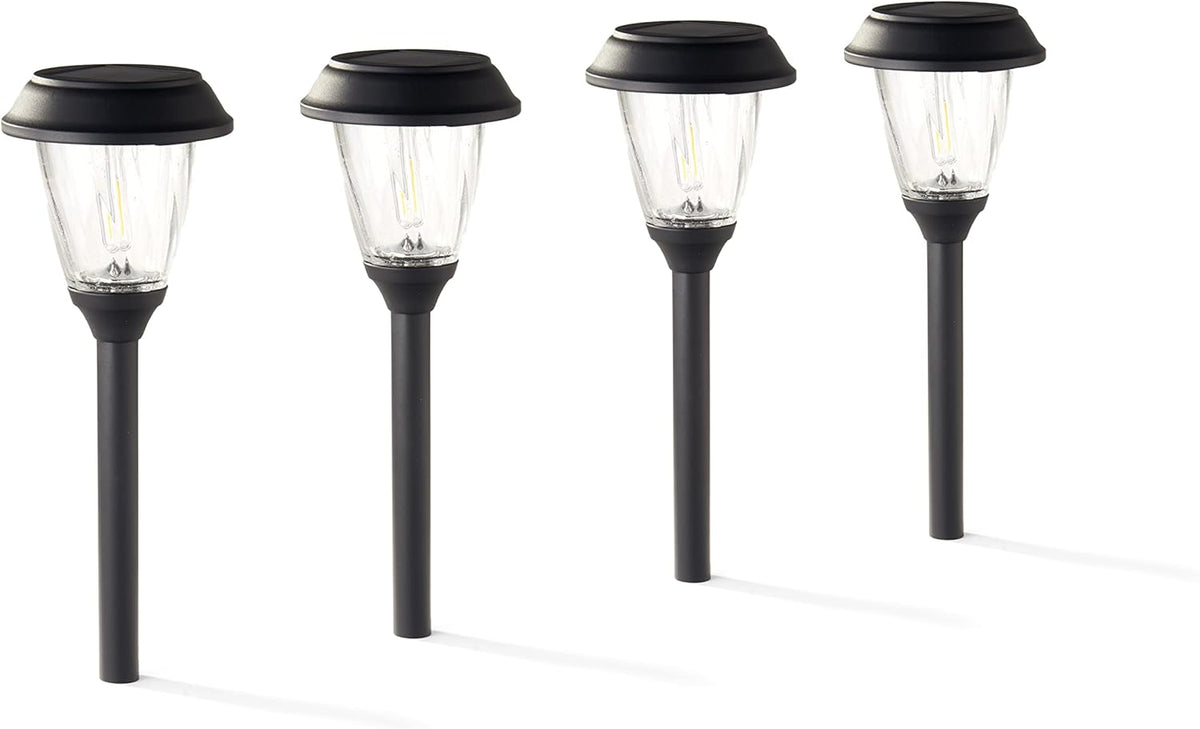 4 Pack Warm White Black Metal Glass Solar Path Lights H664819