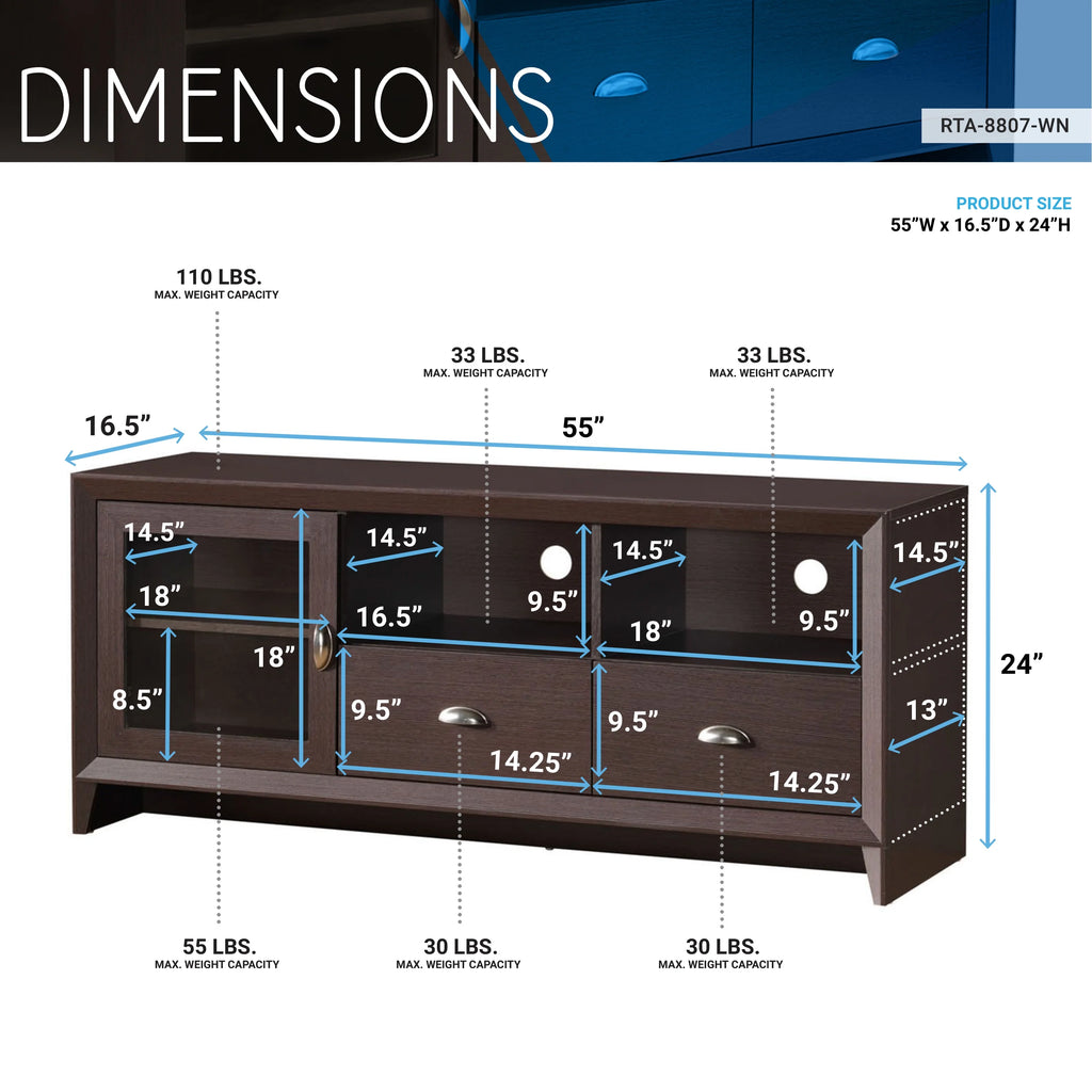 55" Modern TV Stand with Storage, Wenge Brown B99116