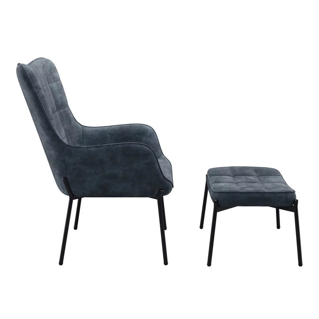 Dark Teal Blue Velvet Wingback Accent Chair with Stool J26940