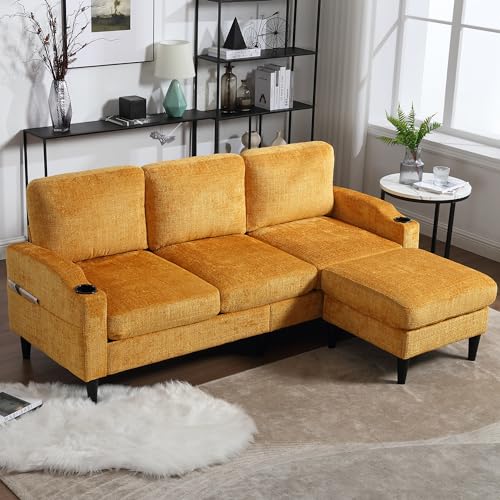Pink Convertible Sectional Sofa Couch, 3-Seater Modular Sofas with Storage Ottoman, Chenille Fabric L Shaped Sectional Couches D141734