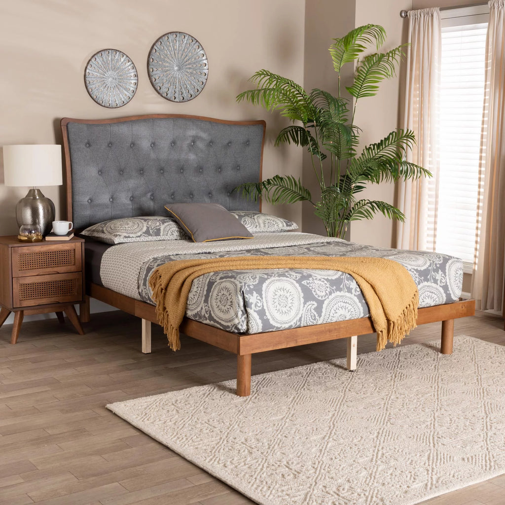 Grey Fabric and Walnut Brown Wood King Size Platform Bed J8731