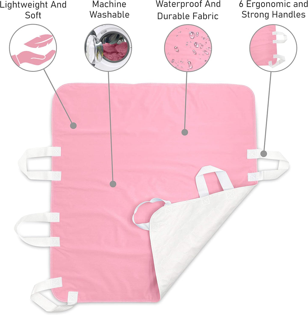 Waterproof Reusable Incontinence Bed Pad with 6 Handles, 34” x 36” (2-Pack Pink) E46470