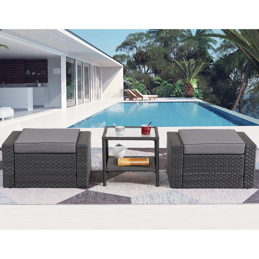 Patio Chair Set with Small Coffee Table, Outdoor Wicker Ottoman, Square Glass Table, Gray Cushions T312