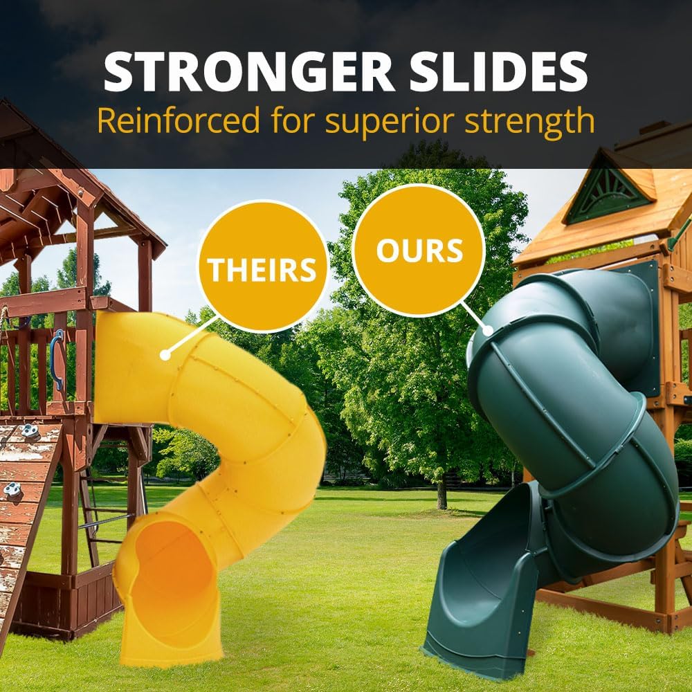 Brown Wooden Swing Set with Two Slides H938