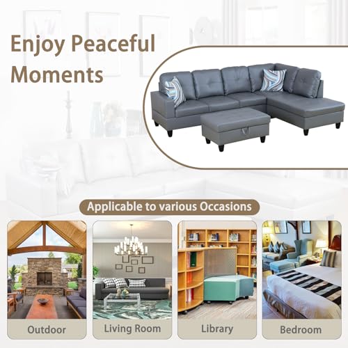 Faux Leather L Shaped Sectional Sofa with Storage Ottoman and Two Pillow M4238