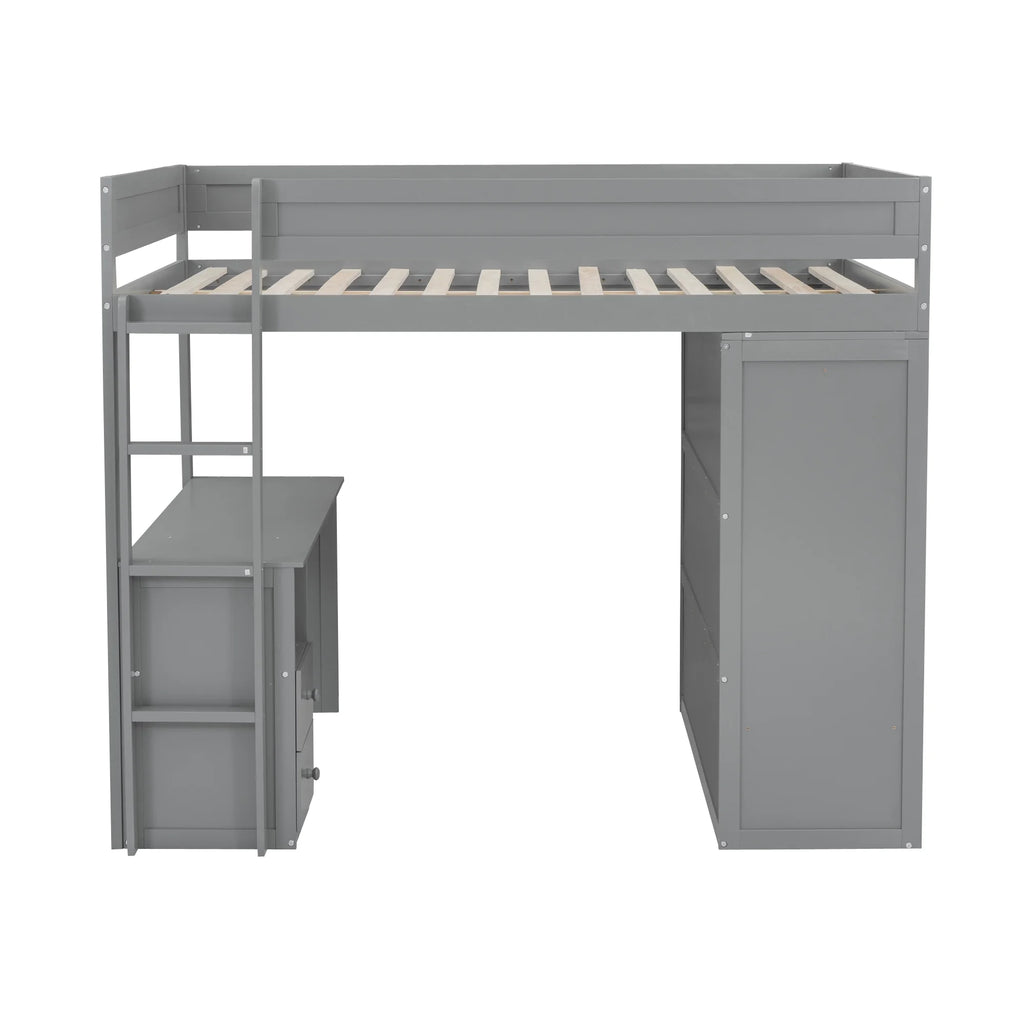 Wood Full Size Loft Bed with Storage Desk, Drawers and Wardrobe Y6554