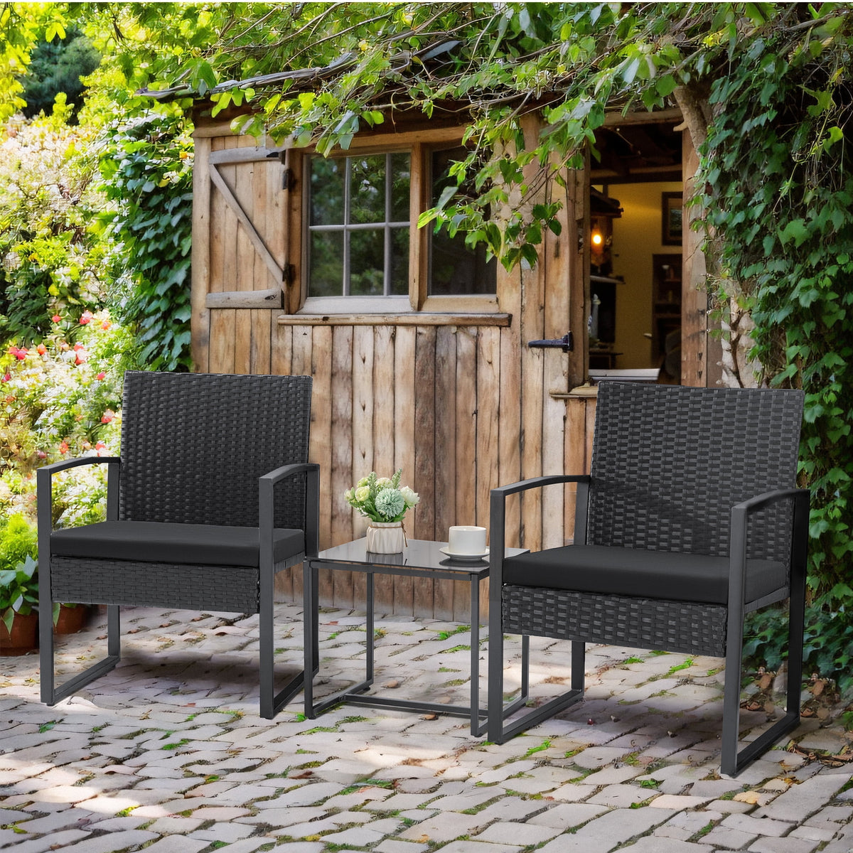 Black 3-Piece Wicker Bistro Chair Set with Coffee Table C159