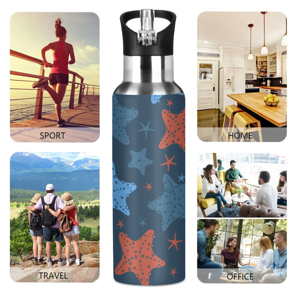 Blue-orange Starfish Stainless Steel Insulated Water Bottle with Straw Lid W5672