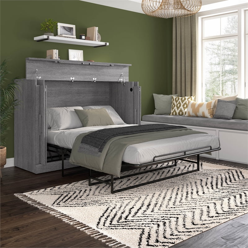 Bark Gray Engineered Wood Full Cabinet Bed with Mattress U54399