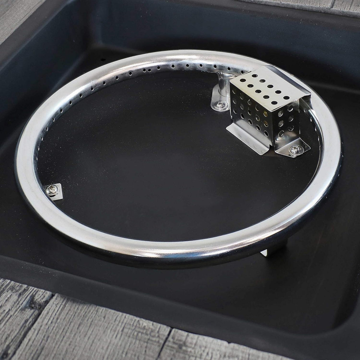Square Outdoor Propane Gas Fire Pit Table with Weathered Wood Look, Cast Stone, 25 Inches Tall V64029