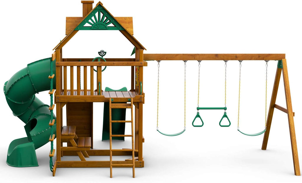 Brown Wooden Swing Set with Two Slides H938