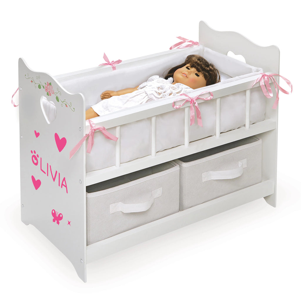 White Rose 100% Polyester Fabric Doll Crib with Two Baskets T25550