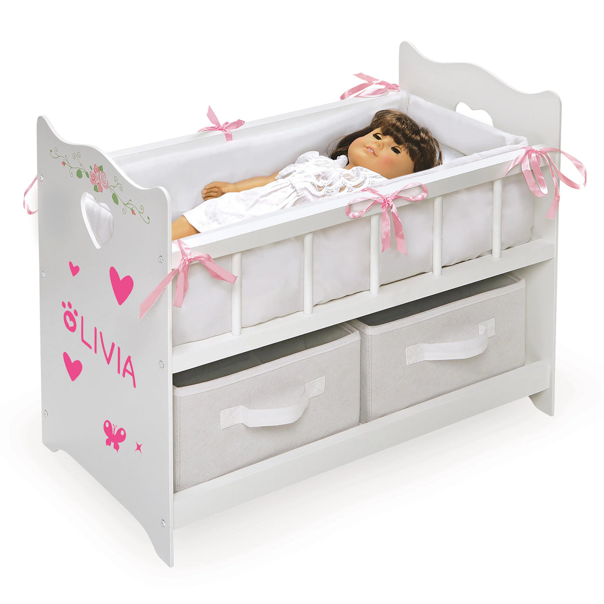 White Rose 100% Polyester Fabric Doll Crib with Two Baskets T25550