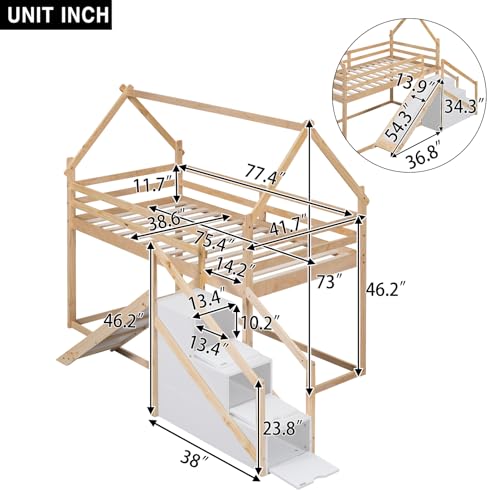 Twin Over Twin Wood House Bunk Bed with Slide and Storage Staircase Y2728