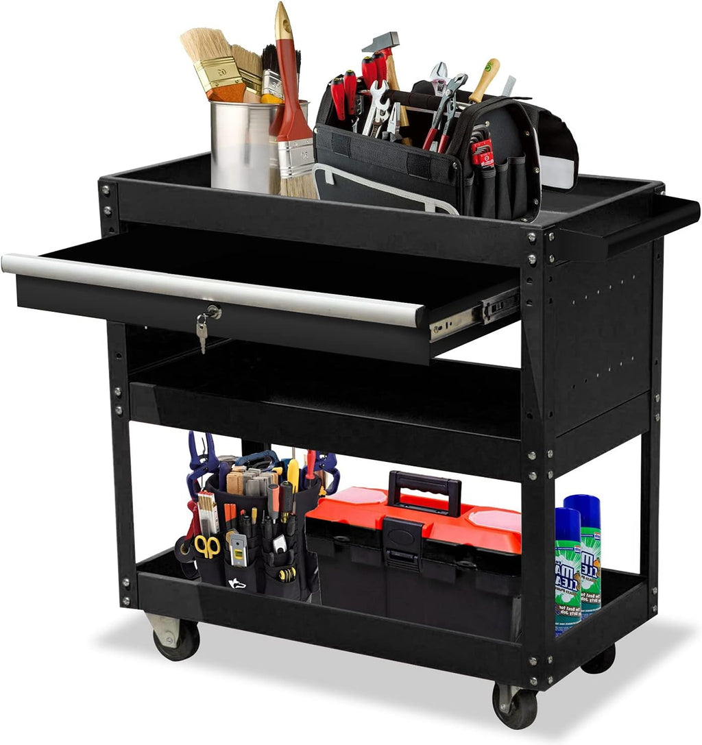 3-Tier Metal Tool Cart with Drawer and Lock J619
