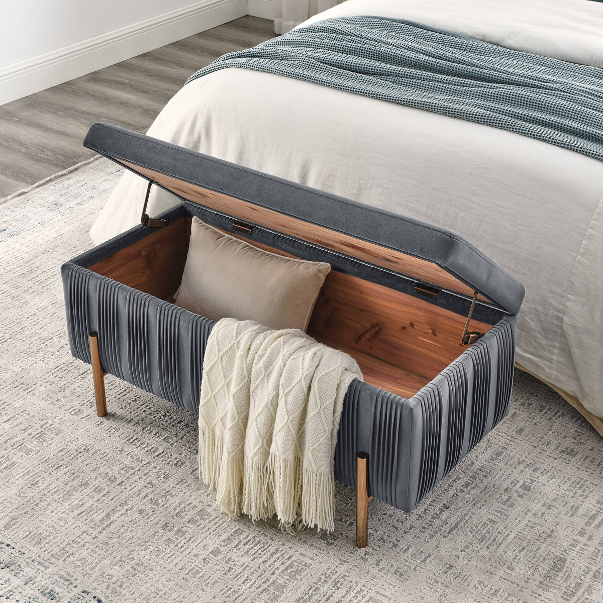 Grey Velvet Upholstered Storage Bench X2427