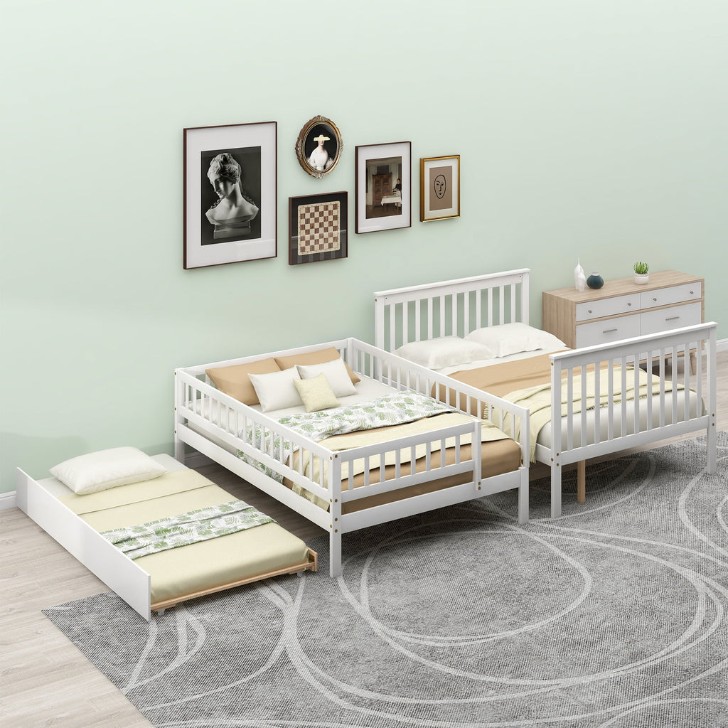 White Full over Full Bunk Bed with Trundle and Storage Shelves H4077