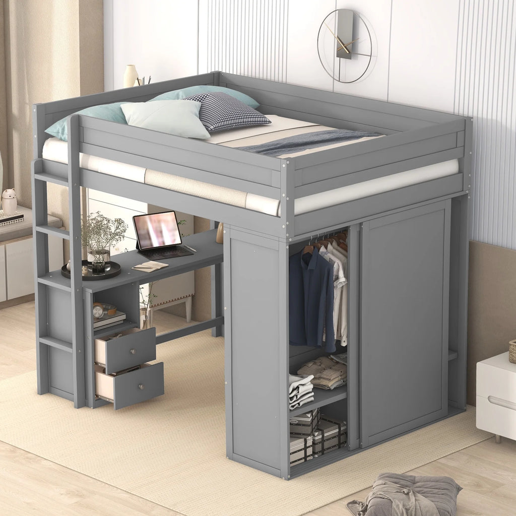 Wood Full Size Loft Bed with Storage Desk, Drawers and Wardrobe Y6554