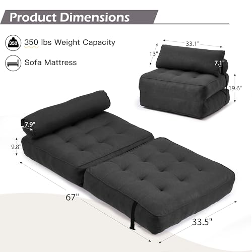 Folding Convertible Sofa Bed with Pillow, Black Linen Fabric N5751