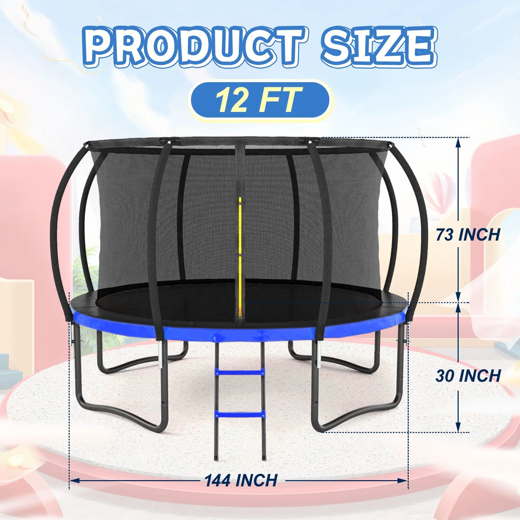 12 FT Outdoor Children's Trampoline with Safety Fence Net, Ladder, PVC Spring Cover Pad I533