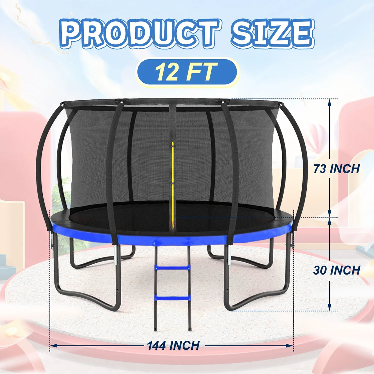 12 FT Outdoor Children's Trampoline with Safety Fence Net, Ladder, PVC Spring Cover Pad I533