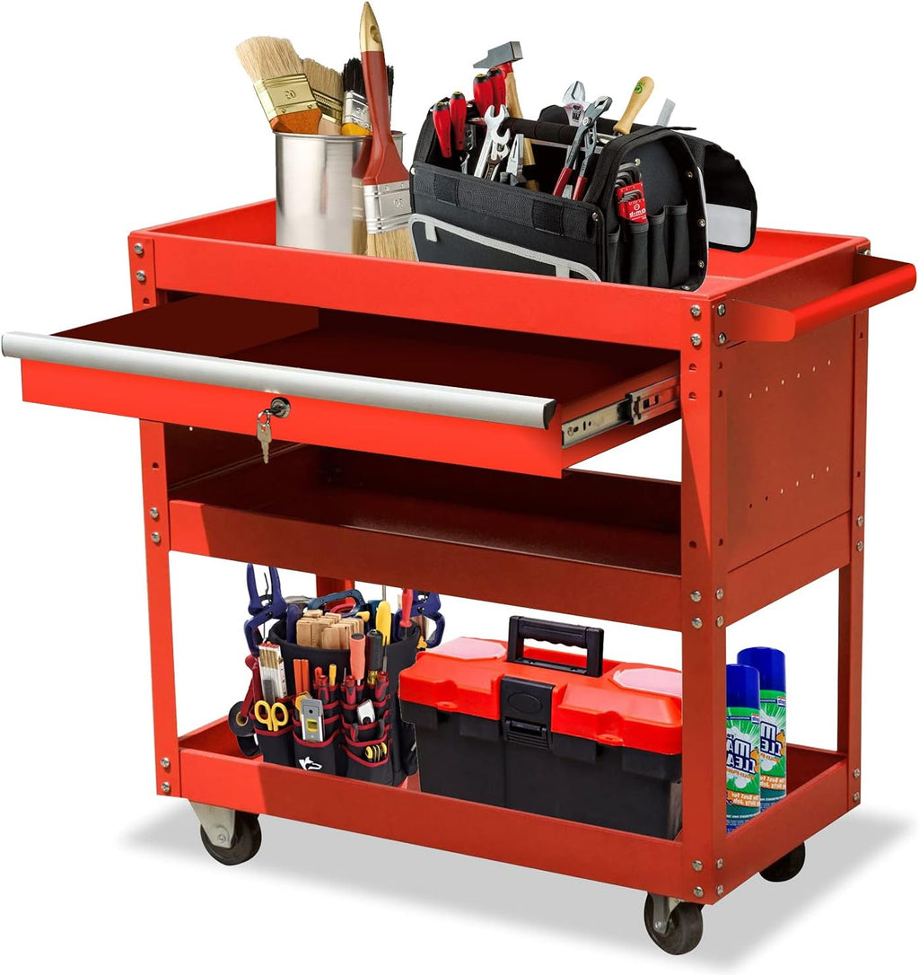 3-Tier Metal Tool Cart with Drawer and Lock J619