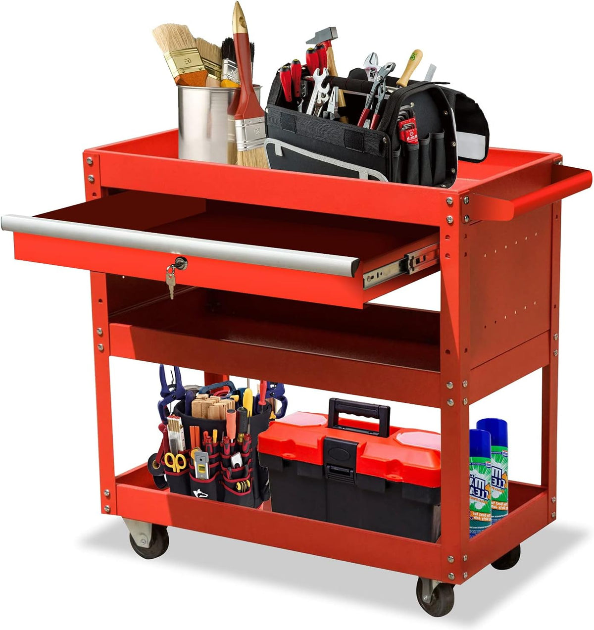 3-Tier Metal Tool Cart with Drawer and Lock J619