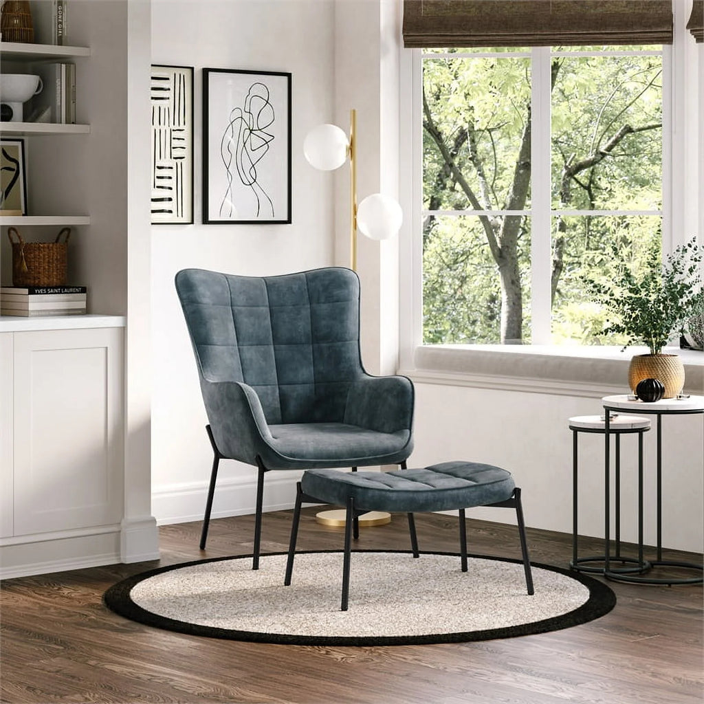 Dark Teal Blue Velvet Wingback Accent Chair with Stool J26940