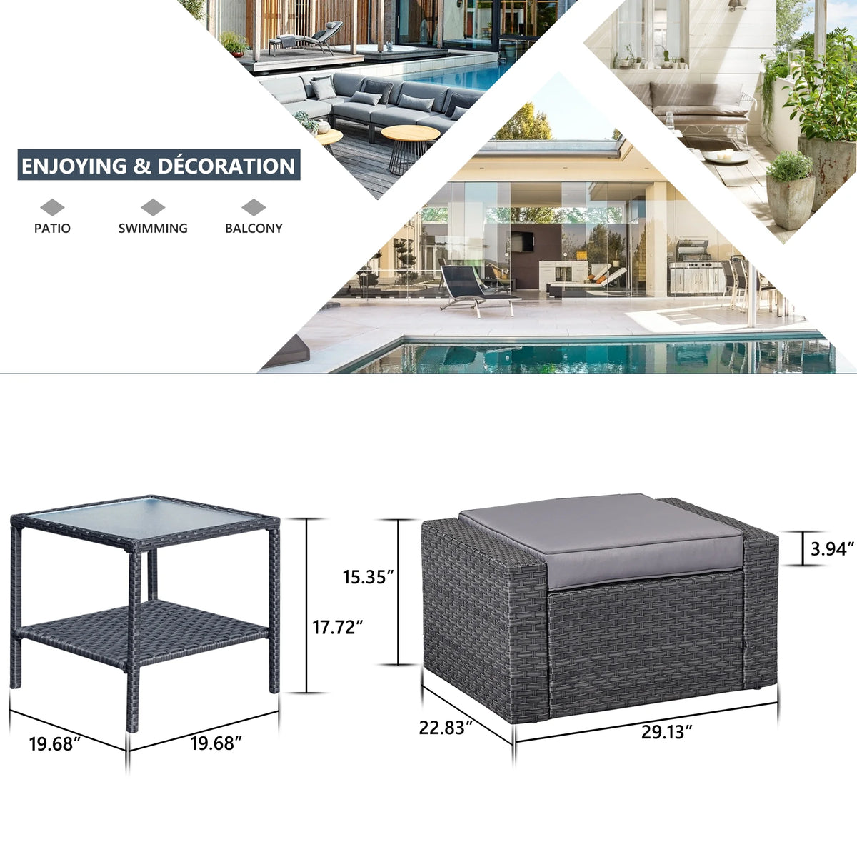 Patio Chair Set with Small Coffee Table, Outdoor Wicker Ottoman, Square Glass Table, Gray Cushions T312