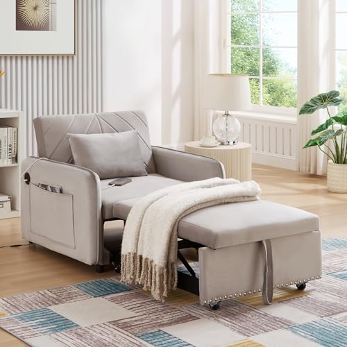 Black Velvet Convertible Sofa Bed Chair with USB Ports X854