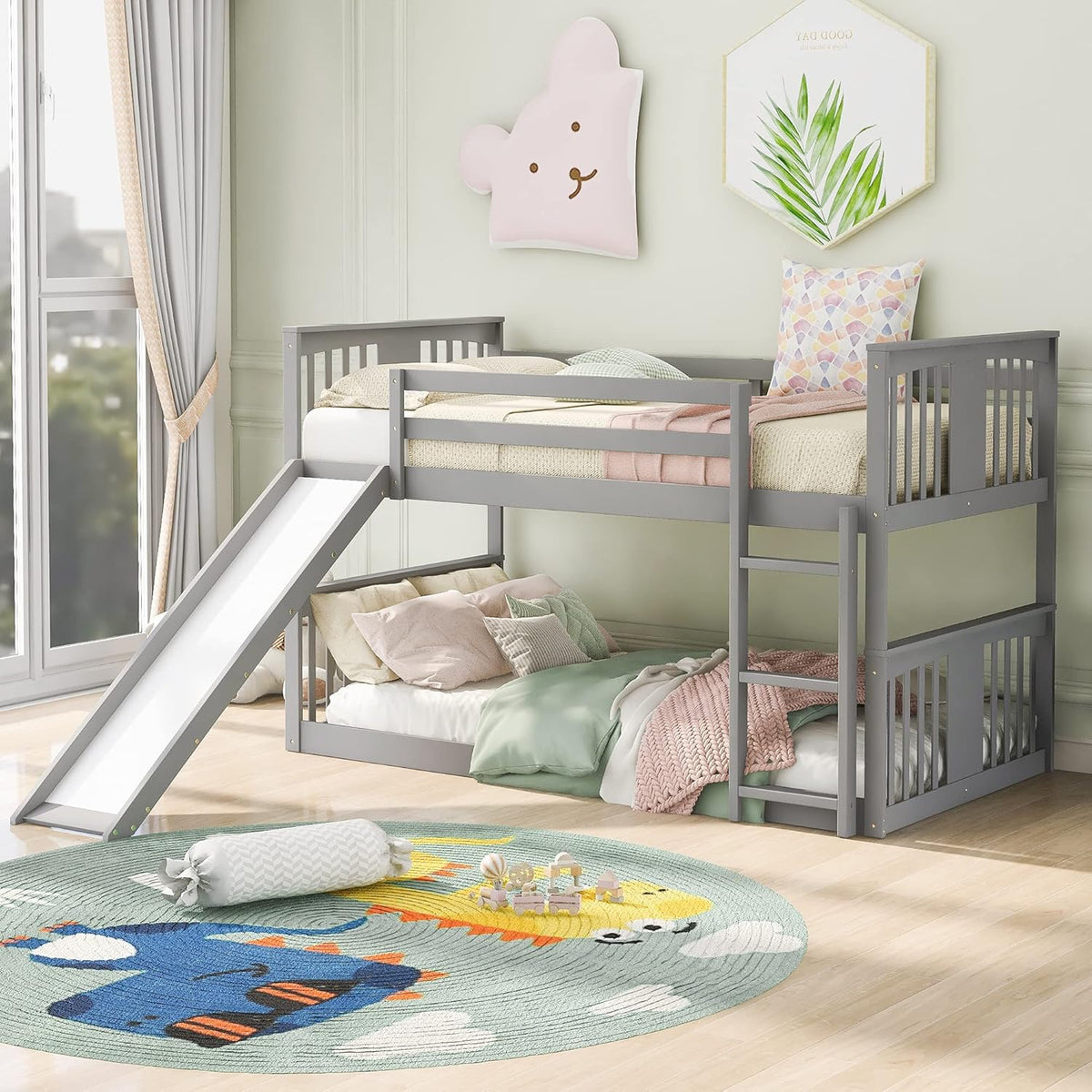 Twin Over Twin Wood Bunk Beds with Ladder Grey X77500