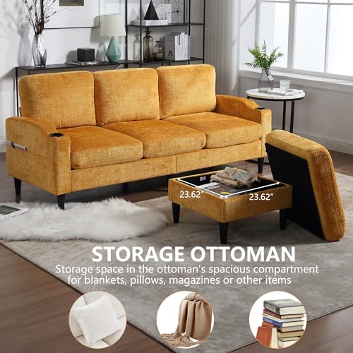 Pink Convertible Sectional Sofa Couch, 3-Seater Modular Sofas with Storage Ottoman, Chenille Fabric L Shaped Sectional Couches D141734
